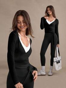 Easify SHEIN Sport Camiseta de manga larga con textura perforada, de atar, casual, deportiva y versátil para todas las estaciones, para mujer