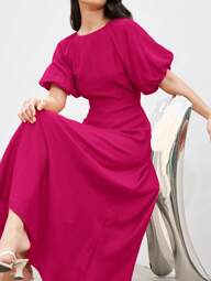 Aveloria Modichic Elegant Vacation Style Round Neck Brown Bamboo Knotted Floral Pattern Fit & Flare Dress For Women