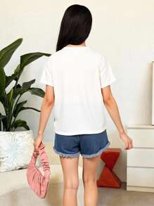 SHEIN Tween Casual Simple Comfy Round Neck Short Sleeve T-Shirt And Denim Shorts Set - White - View 4