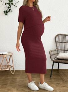 SHEIN 2 件套孕妇纯色罗纹落肩上衣和开衩下摆裙子，夏季 - 酒紅色 - 查看 8