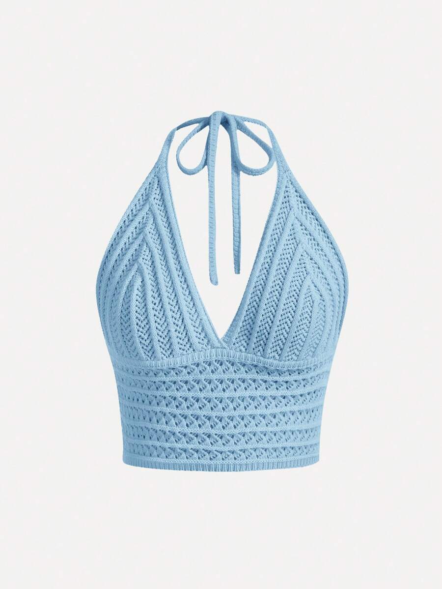 SHEIN MOD Neck-Tie Waist Soft Casual Music Festival Women Knitted Top Sexy Tops Women,Halter Tops - Teal Blue - View 1