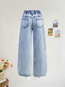 SHEIN Tween Girl Graffiti Distressed Ripped Snowflake Wide-Leg Jeans , Loose & Cute Straight Leg Pants - Medium Wash - View 2
