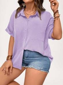 SHEIN LUNE 大码纯色短袖衬衫，夏季时尚