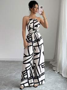 Elenzga Mono elegante envolvente de tela estampada para mujeres, adecuado para vacaciones y uso diario