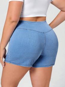 SHEIN Essnce Crossed Waist Washed Casual Stretchy Knit Denim Shorts - Light Wash - View 2