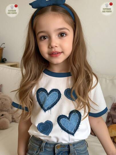 Emery Rose Kids Emery Rose Kids Happikins Young Girls' Casual Simple Heart Print Short Sleeve Round Neck T-Shirt, Suitable For Summer Statement Tops, Kids Graphic T-Shirts, Heart Print, Butterfly Design, Easy Comfort, Casual Wear For Spring/Summer, Whimsical, Basics, Cozy Feel, Vanilla Style, Family Outing Season, Home Refresh, Cool Wear Collection, Basics, Easy Comfort, Effortless Athletic