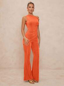 Lumalex 1 件女式金属装饰不对称剪裁两件套短款上衣搭配紧身喇叭裙 - 橘色 - 查看 6