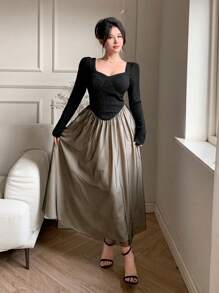 DAZY Women's Textured Fabric Color Block Mesh Splice A-Line Knee-Length Dress, Suitable For Date Night Outfit,Fall Dress Long Sleeve Dress