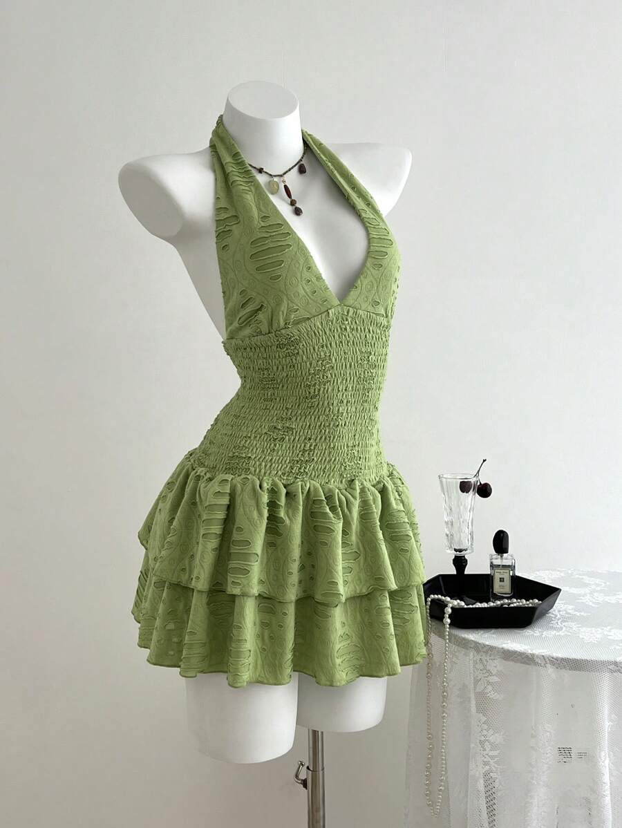 SHEIN Unity Women Solid Color Halter Backless Ruffle Waist Mini Dress - Green - View 1