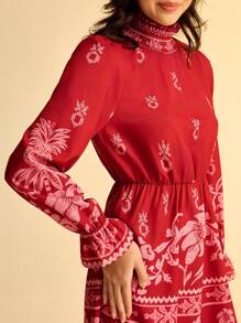 CAJUNI Casual Long Sleeve Printed Shift Mini Dress For Women - Red - View 5