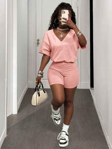 Slaydiva 2025夏季新款休闲街头浅绿色仿雪花面料V领宽松T恤+高腰修身骑行短裤，适合日常出游、音乐节、复活节、毕业季、健身、派对-B - 粉色 - 查看 5