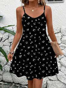 SHEIN LUNE Váy dài in hoa nhỏ gọn đơn giản, dây mảnh, cỡ lớn, phù hợp cho mùa hè, váy chống nắng cho nữ, váy chống nắng - Nhiều màu - Xem 1