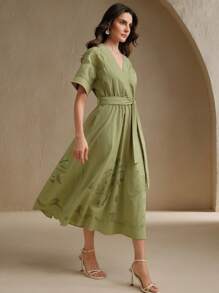 Anewsta Vestido elegante con escote en V, manga corta y bordado calado para mujer
