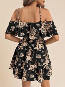 Amorya Women's Romantic Floral & Plant Print Off Shoulder Ruffle Hem Strap Summer Holiday Dress,Summer Dresses For Women