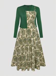 SHEIN Tall 大码女式高腰印花针织连衣裙配开衫两件套，波西米亚度假风 - 綠色 - 查看 3