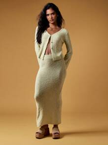 MISSGUIDED Setelan Rajut Terpadu: Sweater, Kardigan, dan Rok Maxi, Dua Potong, Bergaris, Modis untuk Musim Semi dan Gugur, Lengan Panjang, Kancing Depan, Pakaian Kasual untuk Wanita. - Hijau - View 6