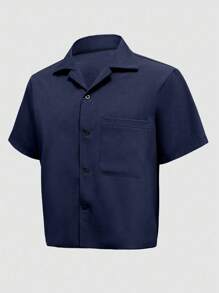 SHEIN Manfinity Dauomo Summer Casual Men's Button Up Short Sleeve Shirt - Navy Blue - View 5