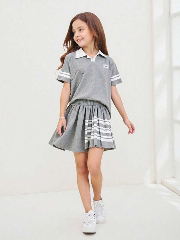 SHEIN Explorewe 2pcs/Set Tween Girls School Uniform Style Outfit, Sleeveless Gray Ribbed Polo Shirt And White Cute Pleated Skirt, Suitable For School, Outdoors, Summer School Dress Kids