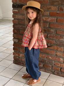 DAZY Completo vestaglia con volant a quadri e pantaloni a zampa di lanterna, per ragazze di taglia piccola, estivo