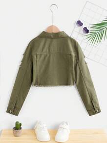 SHEIN Tween Girl Spring Summer Beach Boho Vacation Washed Ripped Denim Jacket , Summer Concert Rave Festival Streetwear Fall Winter - Army Green - View 2