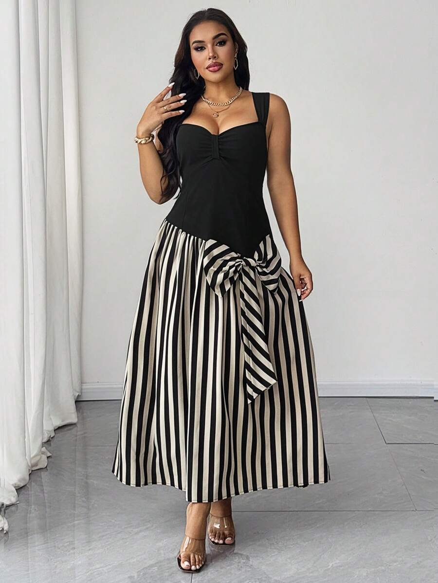 SHEIN Unity Plus Size Women Elegant Romantic Casual Vacation Spaghetti Strap Bandeau Striped Patchwork Bow Decor Fitted Waist Midi Dress - Multicolor - View 1