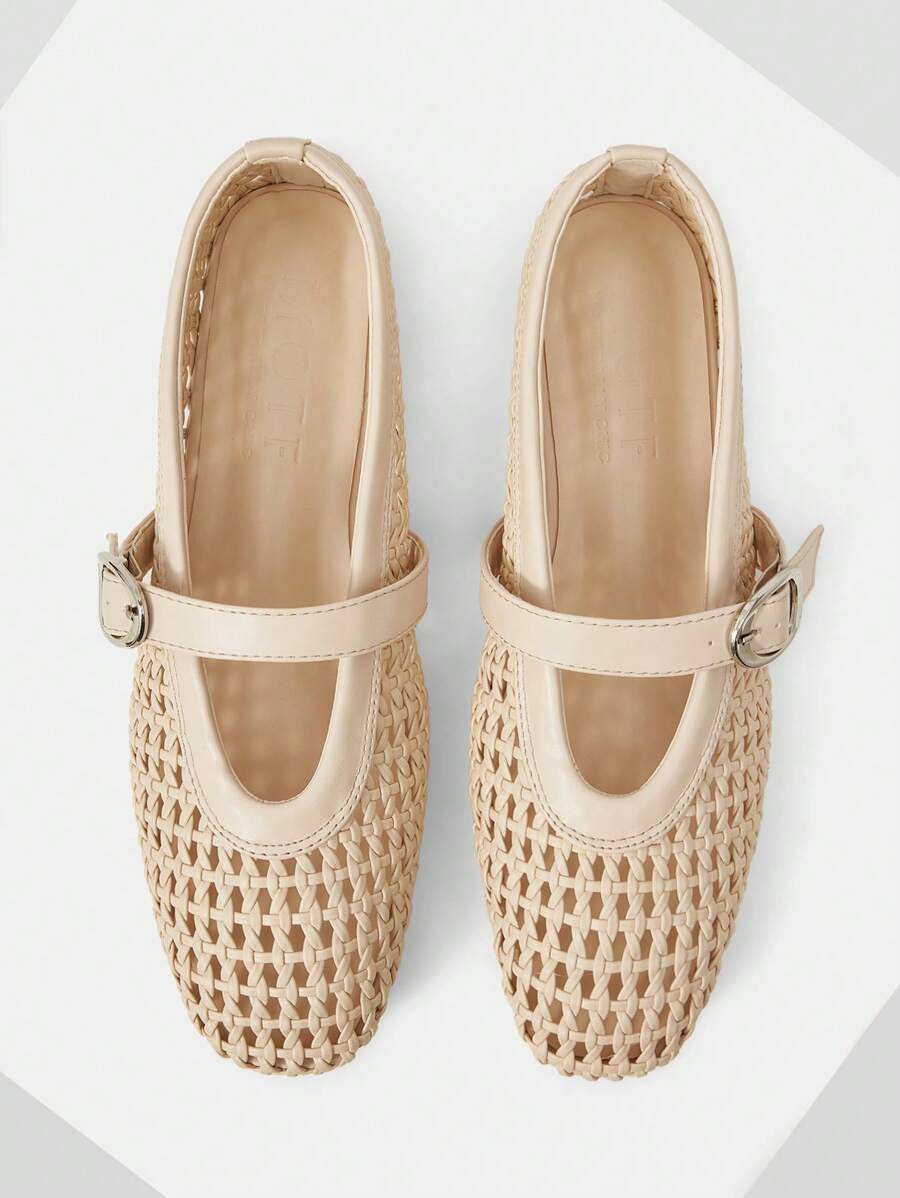 MOTF 方头编织芭蕾玛丽珍平底鞋，镂空，透气，舒适，优雅，时尚，适合女士，春夏 - 杏色 - 查看 1