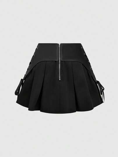 Goth Back To School  Dark Gothic Vintage Leather Patchwork Lace-Up Waist Pleated Mini Skirt For Women