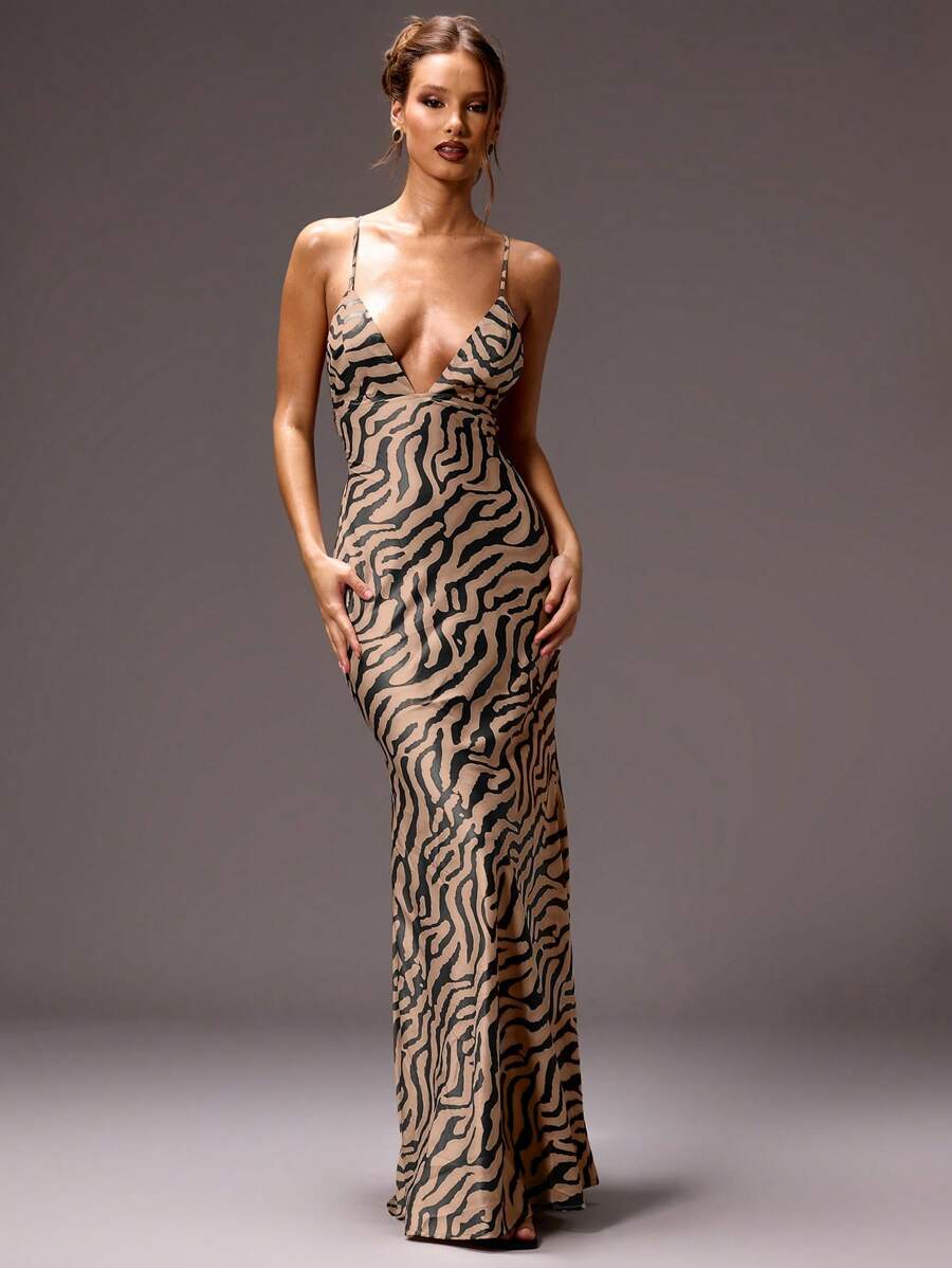 SHEIN X LOS FAVORITOS DE KARIME PINDTER MUSERA Zebra Striped Print Backless Sexy Maxi Holiday Party Dress Summer Vacation Ibiza Beach Night Out Birthday, Date Night , , Fall,    Elegant Summer Outfit - Brown - View 1