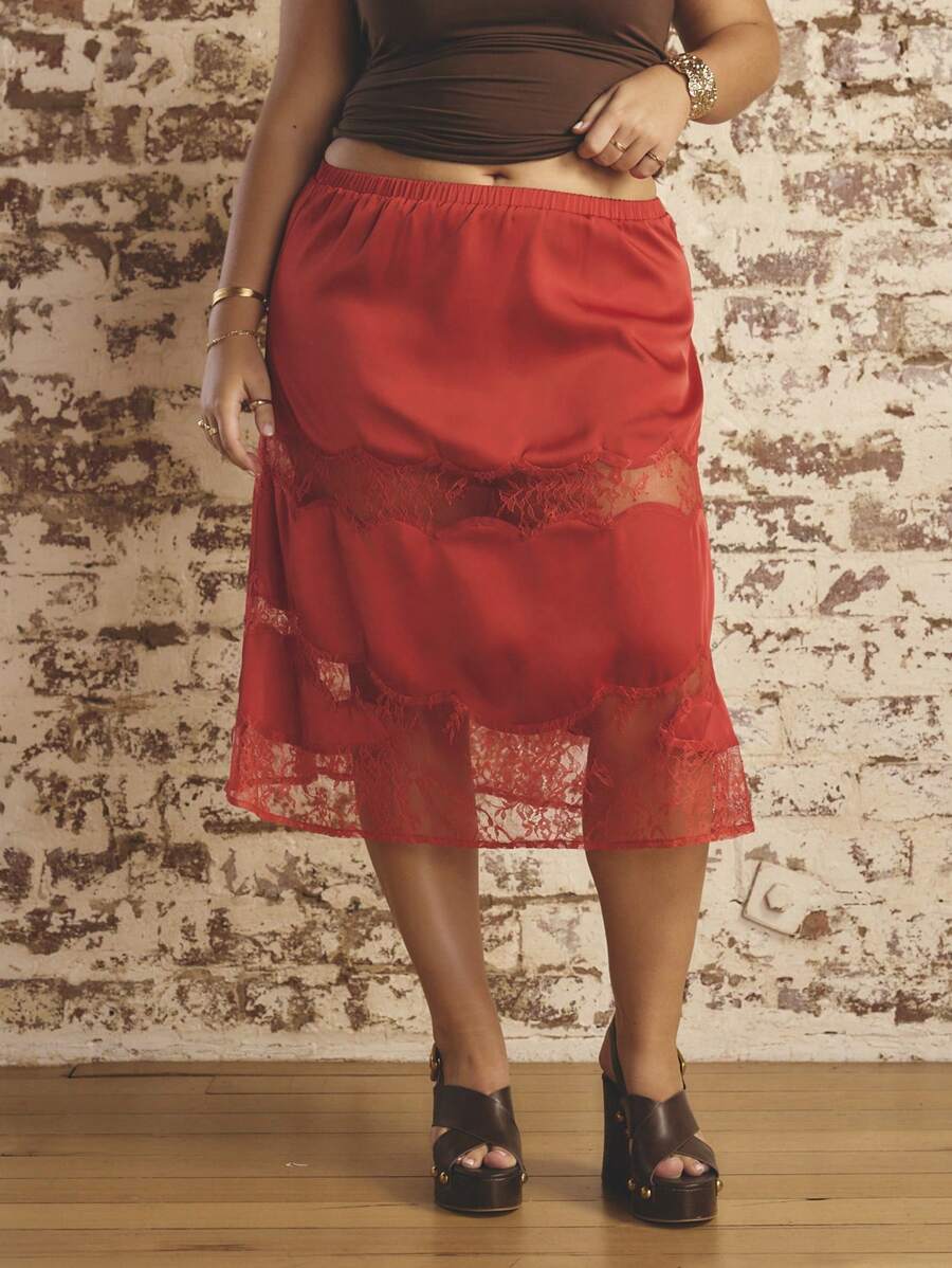 SHEIN Aralina-E Plus Size Women's Solid Color Elastic Waist Contrast Lace Elegant A-Line Skirt - Red - View 1