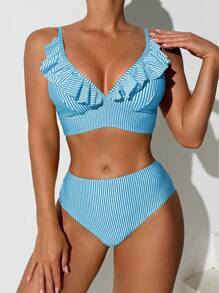 SHEIN Swim Women's Summer Beach Striped Ruffle Sexy Bikini Set - Mint Blue - View 4