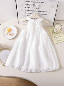 Young Girls Solid Color 3D Floral Decor Dress White Girls White Dress White Tulle Dress Junior Bridesmaid Dress - Beige - View 2
