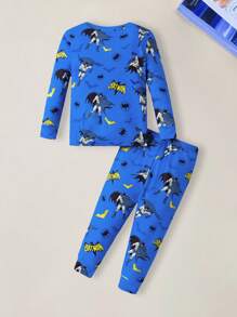 BATMAN X SHEIN 男婴时尚卡通蝙蝠图案针织圆领长袖上衣和裤子睡衣套装 - 藍色 - 查看 2