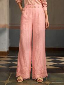 ZEYLAH 100% LINEN ELEGANT WIDE LEG PANTS WITH LACE HEM, PLEATED, FOR SPRING/SUMMER - Pink - View 1