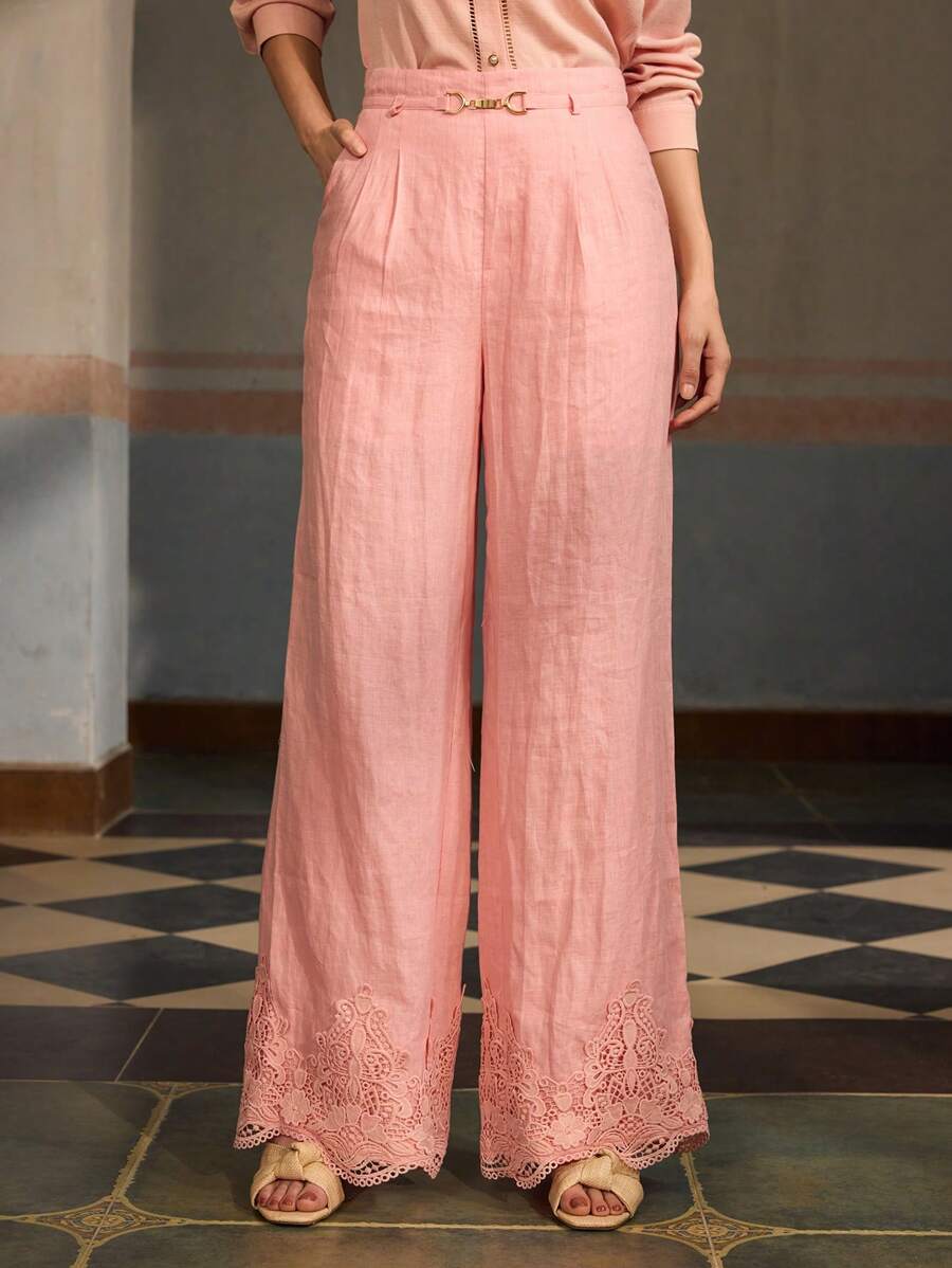ZEYLAH 100% LINEN ELEGANT WIDE LEG PANTS WITH LACE HEM, PLEATED, FOR SPRING/SUMMER - Pink - View 1