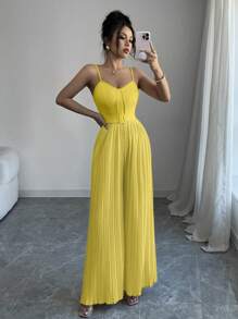 Elenzga Women's Fashion Ruched Camisole Jumpsuit, Spring/Summer - Yellow - View 3