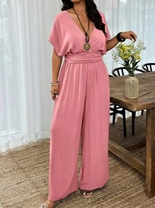 SHEIN LUNE Plus Size Solid Color Deep V-Neck Casual Versatile Short Sleeve Jumpsuit - Pink - View 1