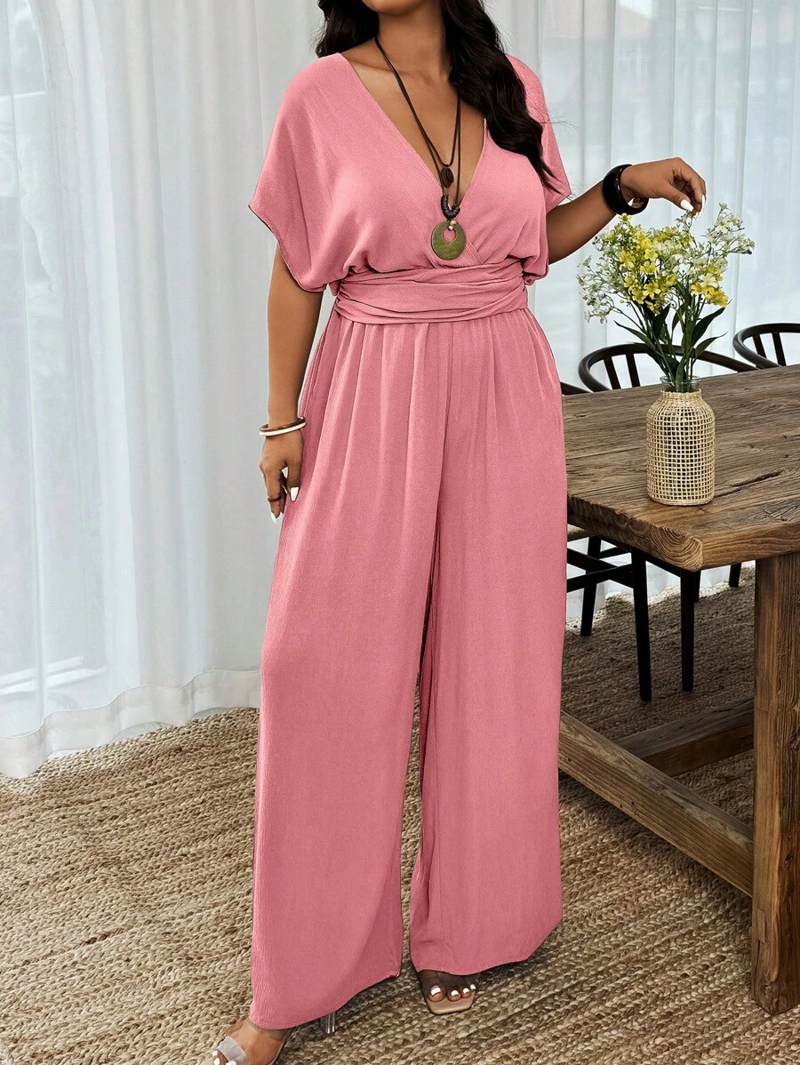 SHEIN LUNE Plus Size Solid Color Deep V-Neck Casual Versatile Short Sleeve Jumpsuit - Pink - View 1