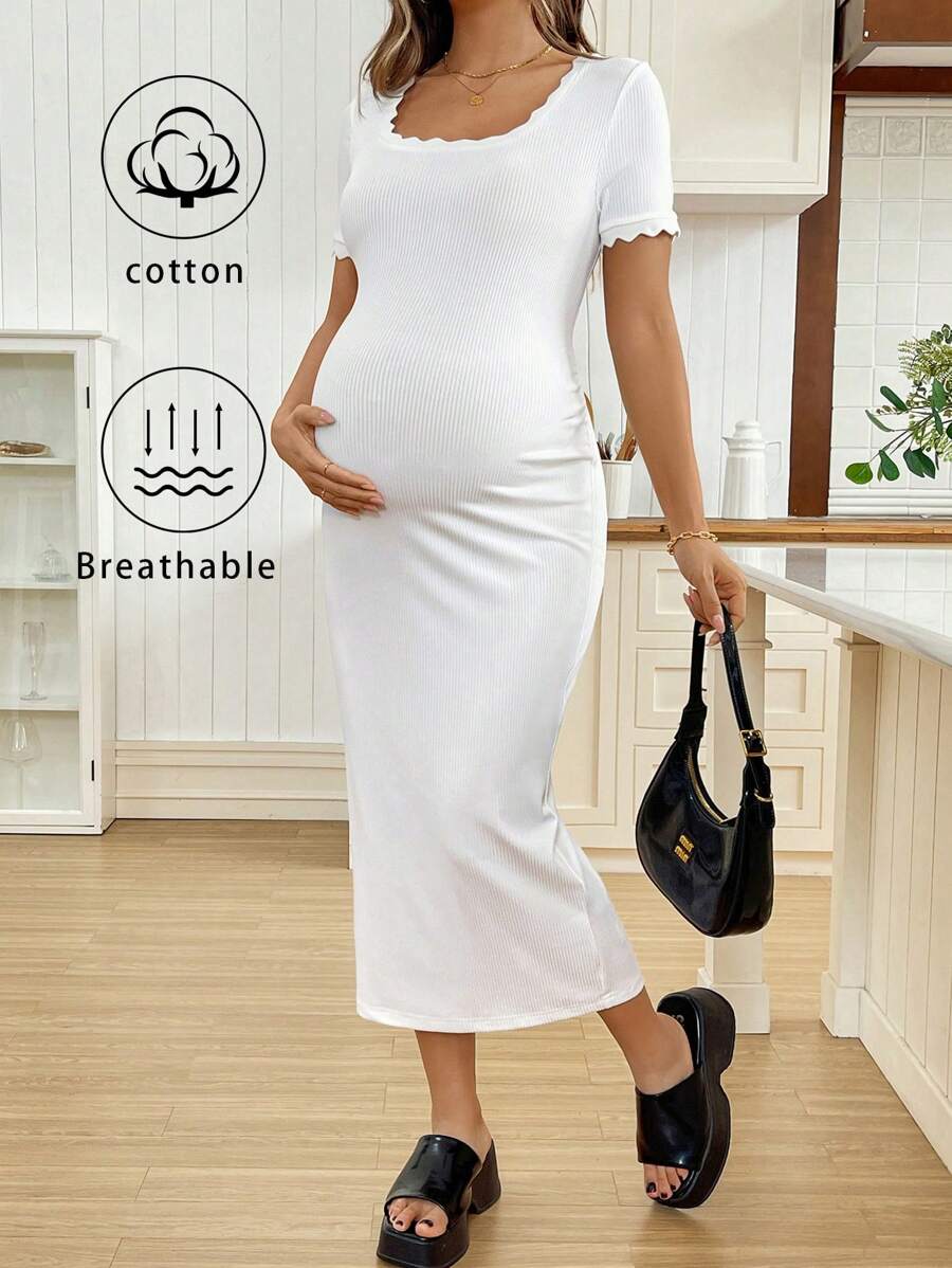 SHEIN Vestido casual ajustado de manga corta con cuello curvo acanalado para mujeres embarazadas - Blanco - Ver 1