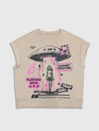 Men's Street Life Summer Letter & Figure Print Crew Neck Casual Vest