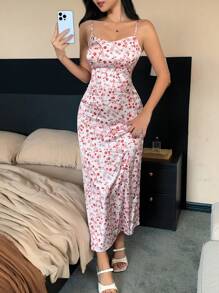 DAZY Váy ngủ nữ Pyjama in họa tiết hoa satin toàn thân có dây đeo có thể điều chỉnh - Hồng - Xem 1