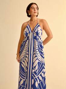 CAJUNI Women Vacation Tropical Boho Blue And White Print Spaghetti Strap Lace Up Casual Beach Summer Maxi Dress - Blue and White - View 5