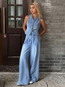 Livesso 女士夏季圆领无袖高腰宽松阔腿水洗牛仔套装 - 藍色 - 查看 4