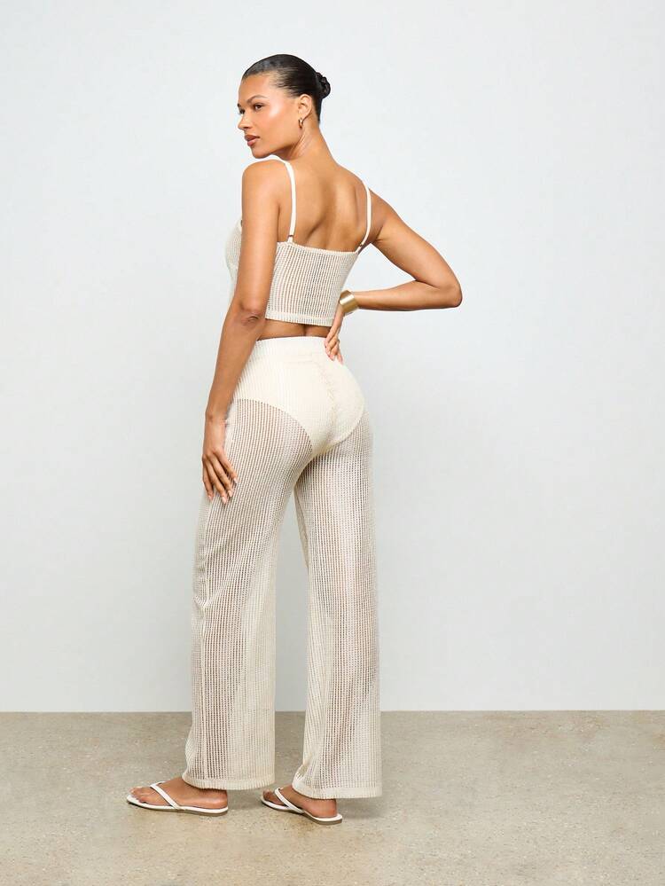 AiiRZ Summer Beach Resort Two Piece Ribbed Set With Crop Top And Wide Leg Pants Beachwear Cover Up Holiday Vacation Outfit