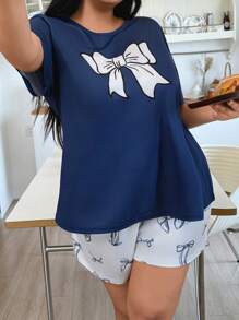 SHEIN 蝴蝶结印花圆领短袖短裤大码睡衣套装 - 藏蓝色 - 查看 5