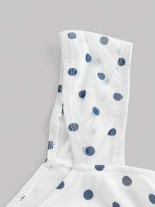 SHEIN MOD Asymmetric Bow Ruched Mesh Polka Dot Blouse Top - Navy Blue - View 4