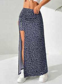 SHEIN EZwear 休闲碎花长开衩半身裙，夏季 - 藏蓝色 - 查看 3