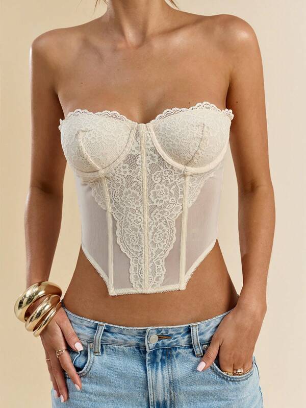 SHEIN BAE Top con corset elástico de encaje elegante para mujeres, ideal para vacaciones en la playa, conciertos, actuaciones, festivales de música, fiestas, club y disfraces sexys. Incluye corsets graduados y tops para fiestas de té.
