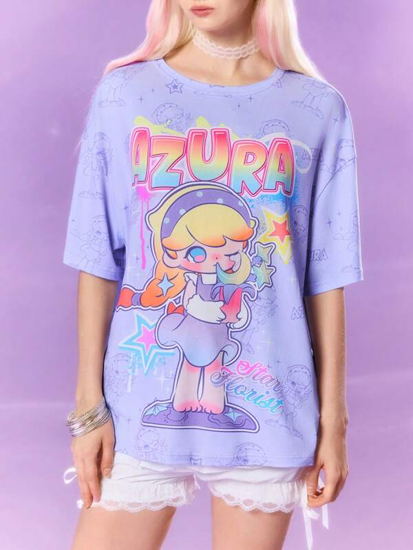 Pop Mart Azura X SHEIN Women's Casual Cute Cartoon Character & Ombre Text Print Loose Fit Drop Shoulder T-Shirt, Summer