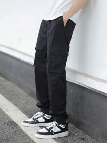 PantsHub Casual Teen Boys' Black Elastic Cuff Cargo Pants, Streetwear Punk Rock Athletic Trousers For Everyday, Party, Music Festival, Suitable For Spring/Summer - Black - View 9