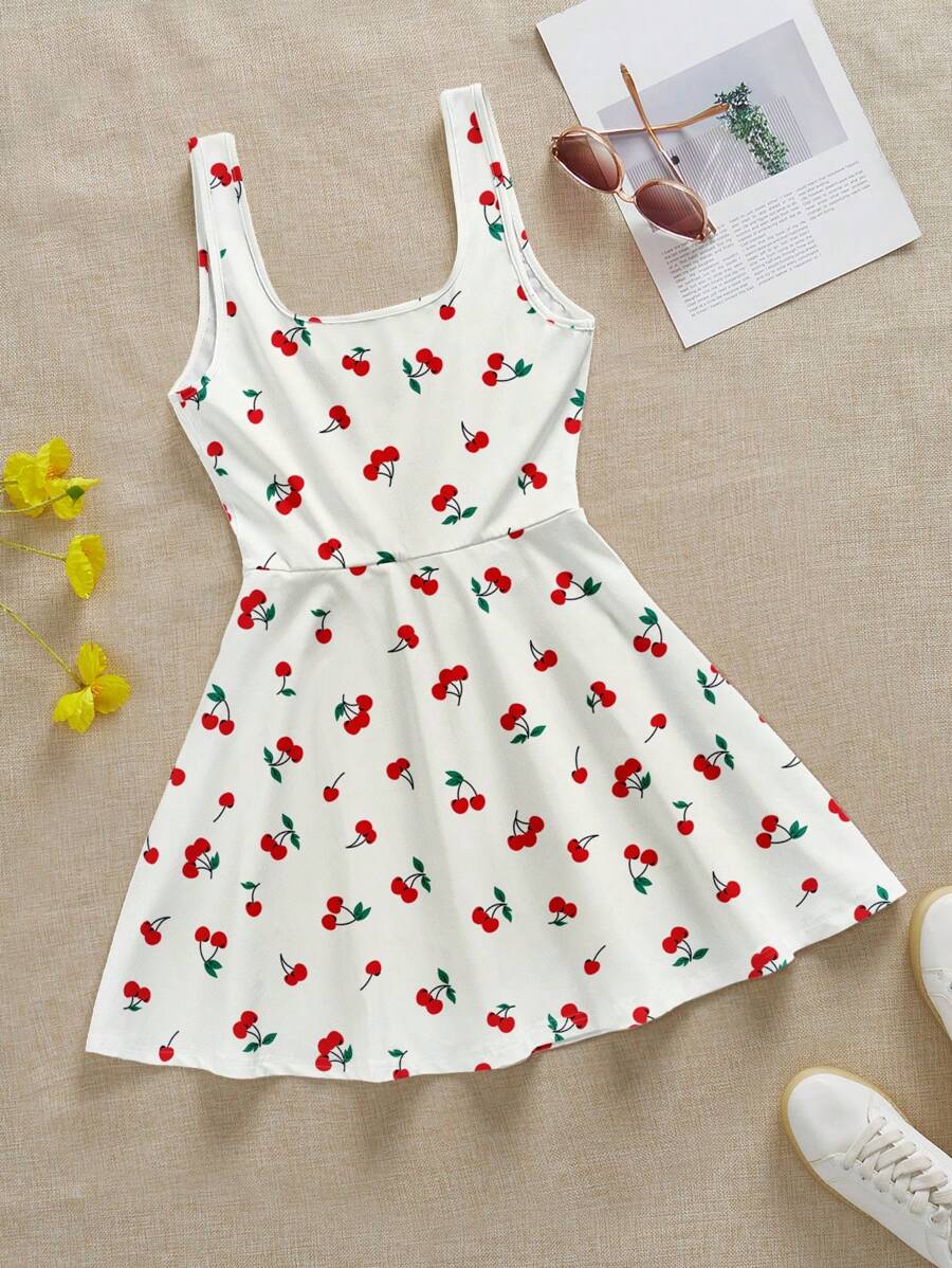 SHEIN EZwear 女士休闲 U 领无袖樱桃印花荷叶边迷你连衣裙(带衬里),适合夏季 - 彩色 - 查看 1